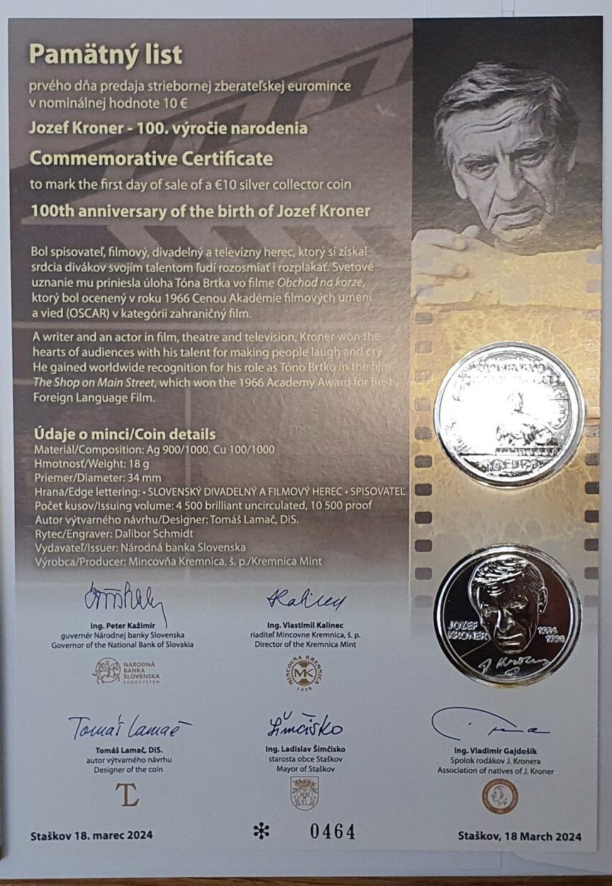 Pamätný list - 10 Euro - 2024 - 100. výročie narodenia Jozefa Kronera