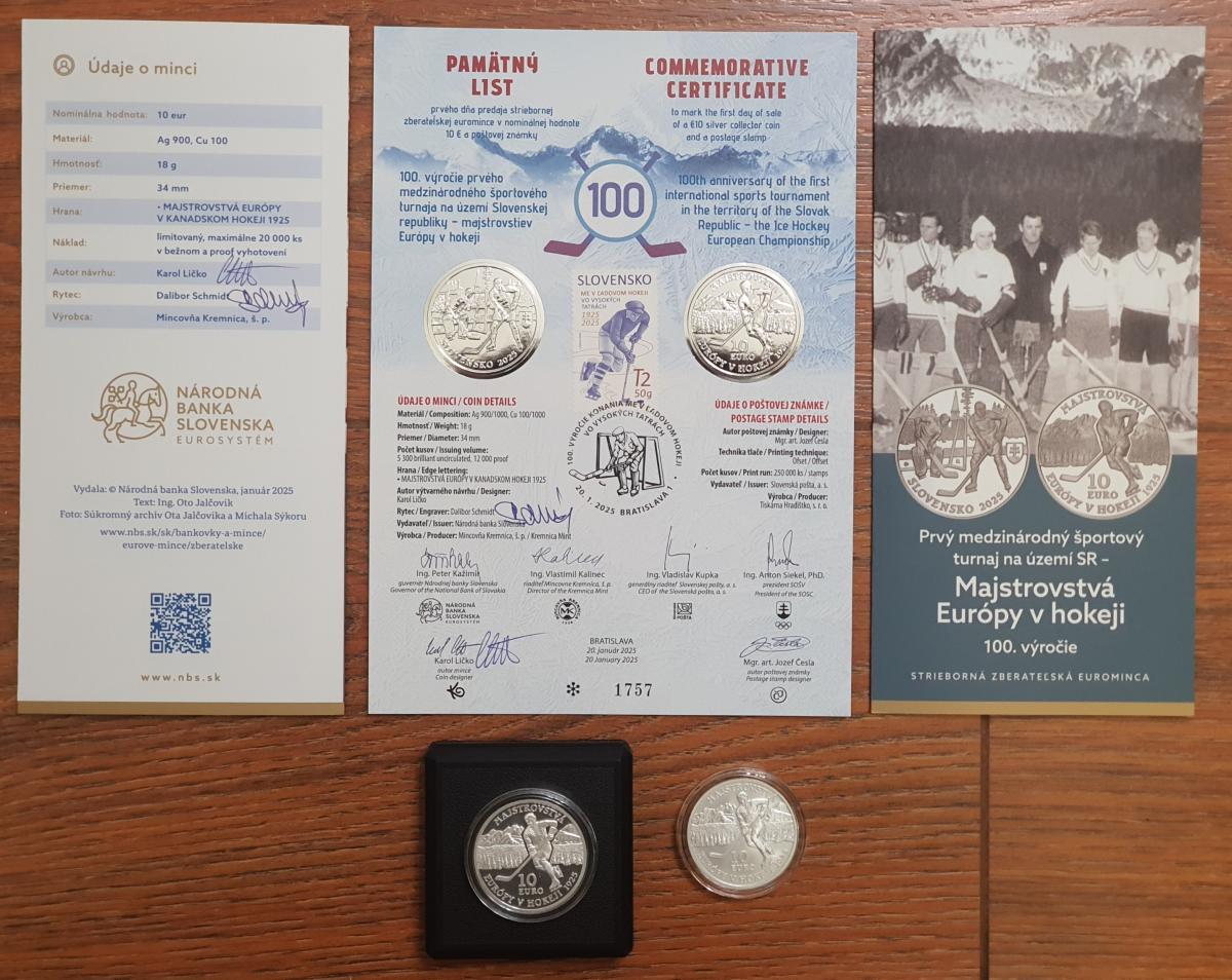 10 Euro 2025 - ME v Hokeji - v proof+ bk + pamätný list